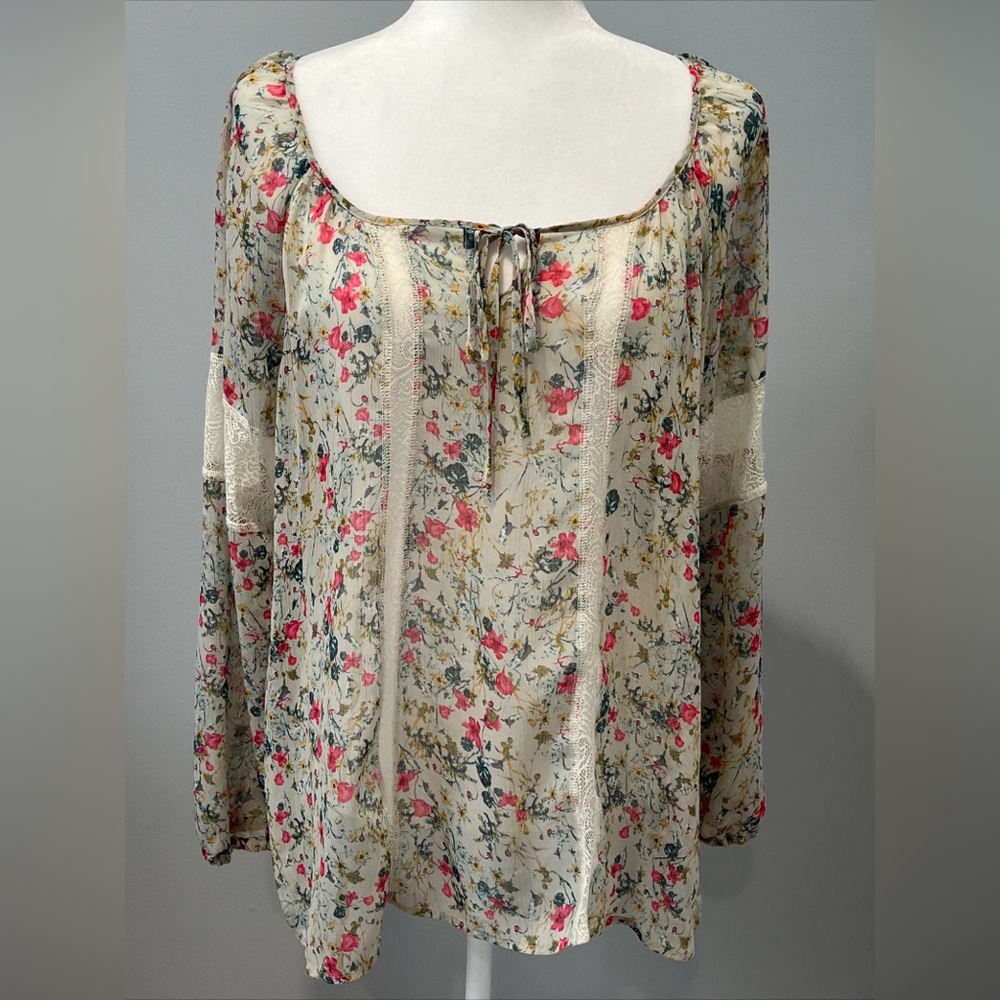 Princess Vera Wang Sheer Floral Long Sleeve Blouse‎ Size XL Tie Front Lace